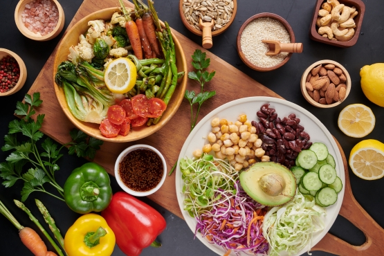 buddha bowl dish with vegetables and legumes top view