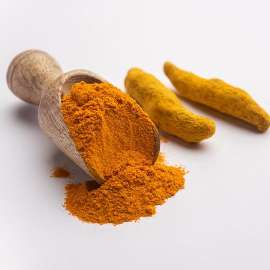 dry turmeric dust or haldi powder also known as curcuma longa linn selective focus